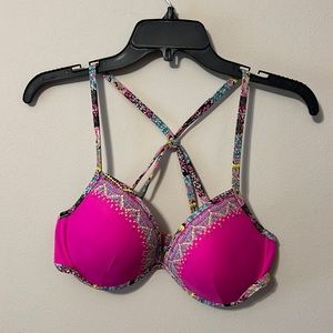 Victoria’s Secret bikini top size 34DD with underwire. Hot pink with sequins